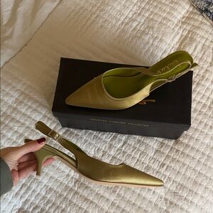 Green Satin Kitten Heels